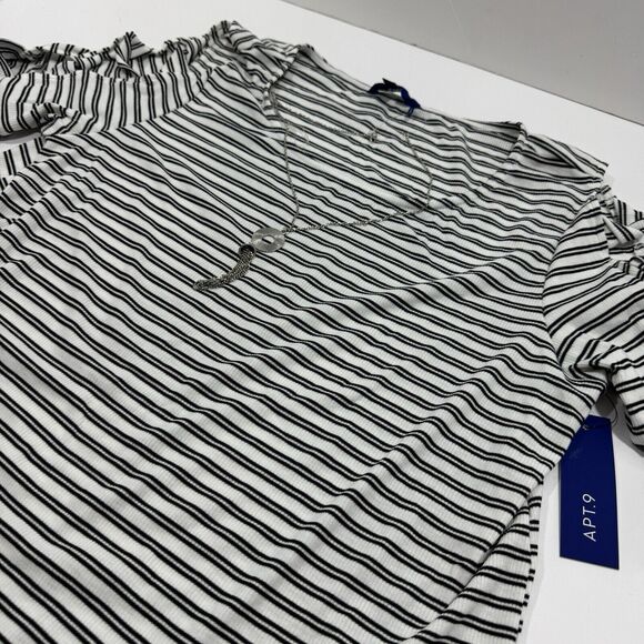 Woman's APT 9 White Black Striped Open Sleeve Top T-Shirt Blouse w/ Necklace - Picture 2 of 9